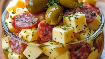 ¡Delicia Mediterránea! Aperitivo de Queso Marinado con Salami y Pepinillos